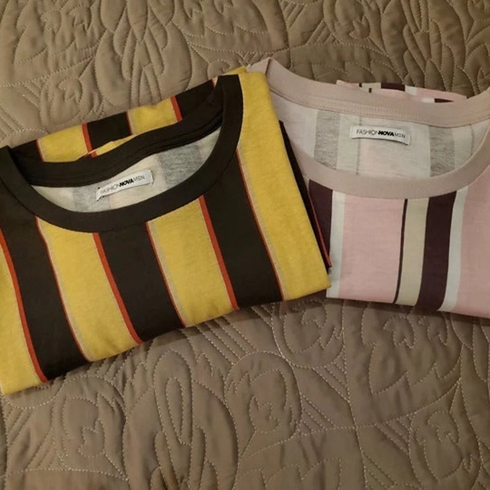 *LOT OF 2* FASHION NOVA MEN 'LA' + 'NY' Striped Short Sleeve Tees, Size XL, NwoT